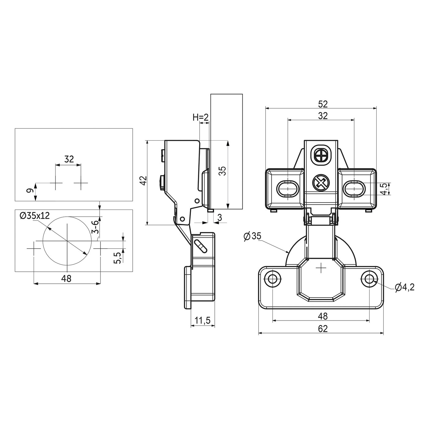 Петля накладная 09 с доводчиком 48мм, планка h2, с коротким плечом б/еврошурупа AKS 84806