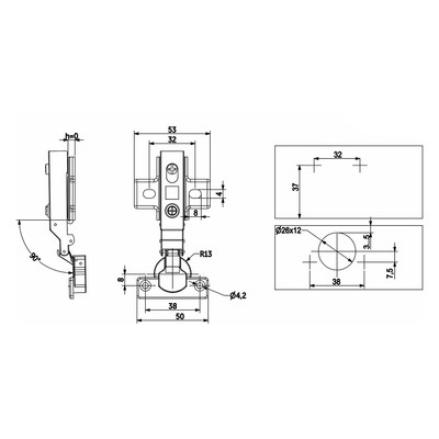 Петля накладная 09 мини с доводчиком 38мм h0 clip-on б/еврошурупа AKS 39199
