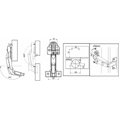 Петля накладная 09 с довод 165гр-сов 45мм h0 3D 0-е вхождение clip-on AKS 91996 (нов.код 112658)