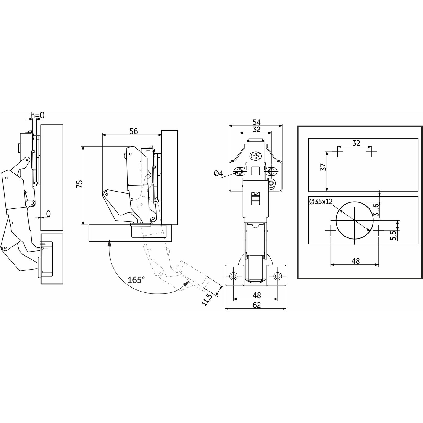 Петля накладная 09 с довод 165гр-сов 48мм h0 3D (саморезы,заглушки) 0-е вхождение clip-on AKS 111858