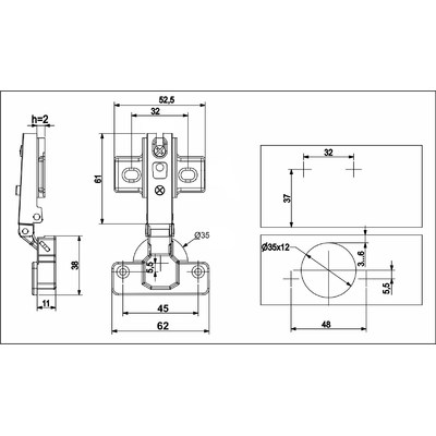 Петля накладная 09, 45мм с креплением Н-0, без еврошурупа 52 гр. GRIDLI 106099