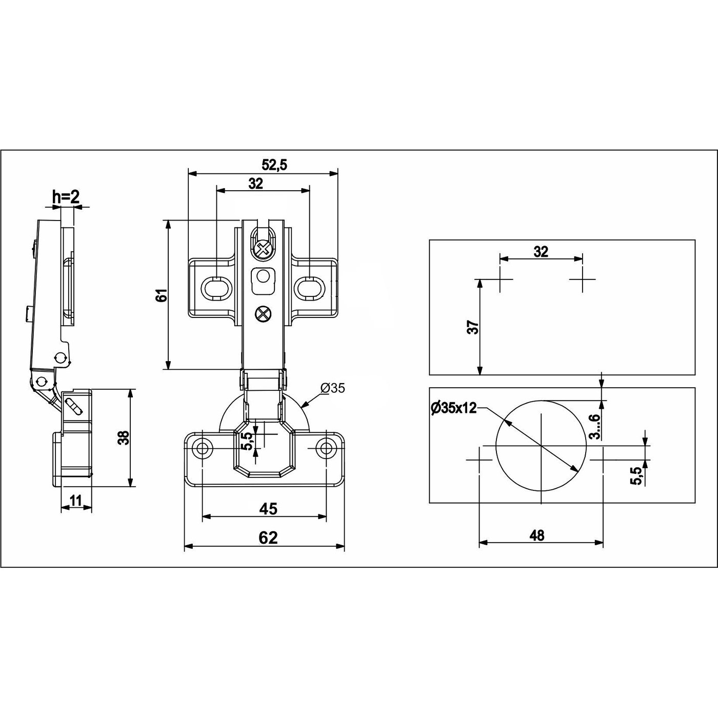Петля накладная 09, 45мм с креплением Н-0, без еврошурупа 52 гр. GRIDLI 106099