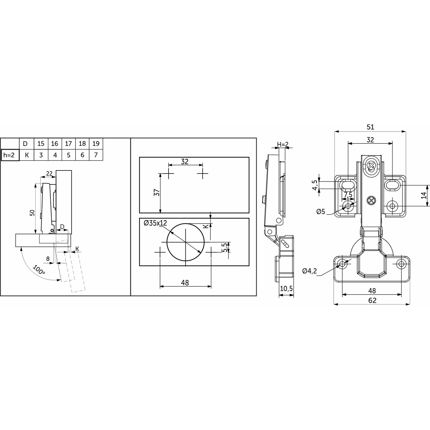Петля накладная 09, с доводчиком 48мм с креплением Н-2, без еврош. GRIDLI 111644 (старый код 62801)