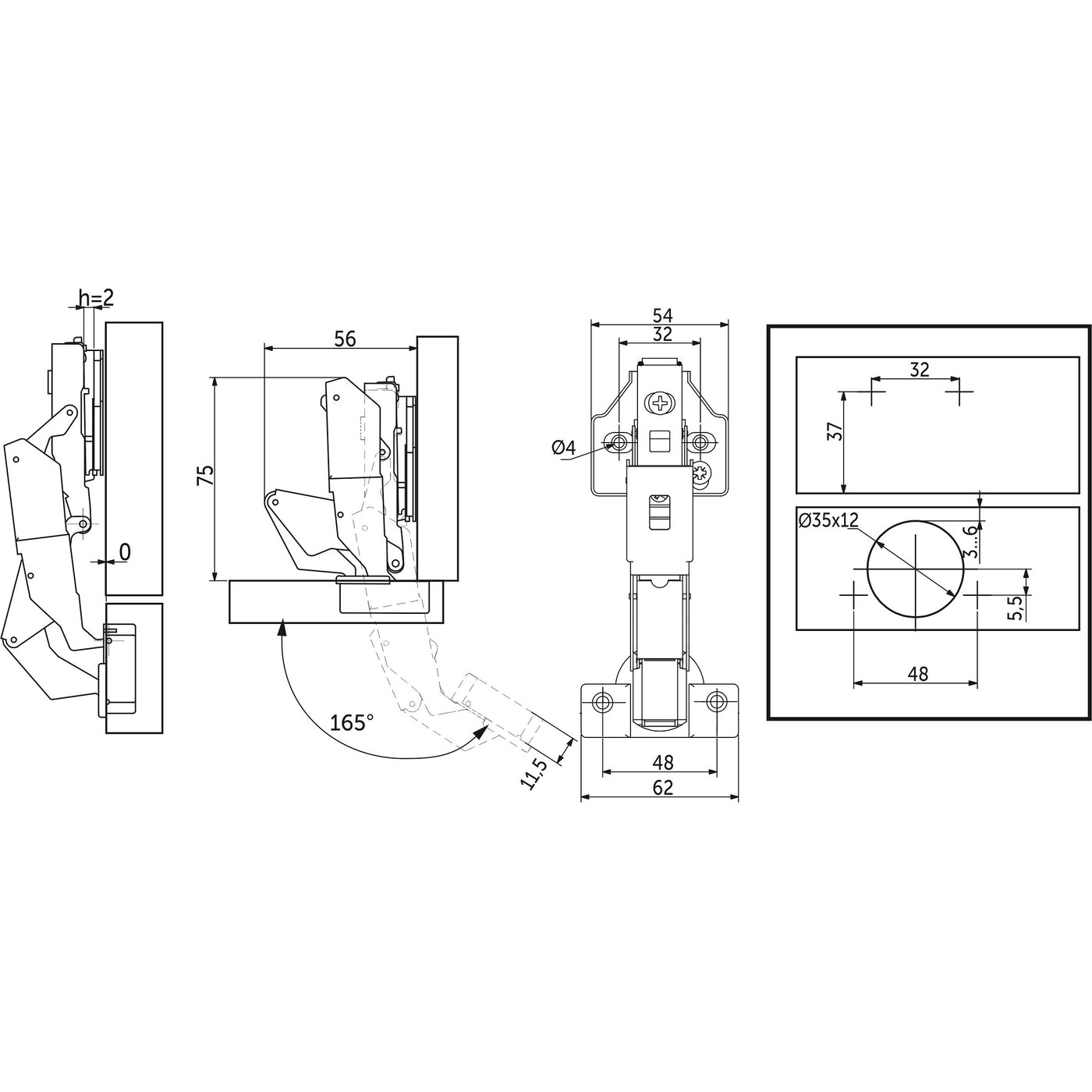 Петля накладная 09 с доводчиком 165 гр. 48мм, планка h2, clip-on 3D PRIME AKS 112684