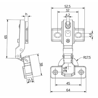 Петля полунакладная 08  без доводчика 45мм планка h0 slide-on 52г. б/еврошурупа AKS LIGHT 44744