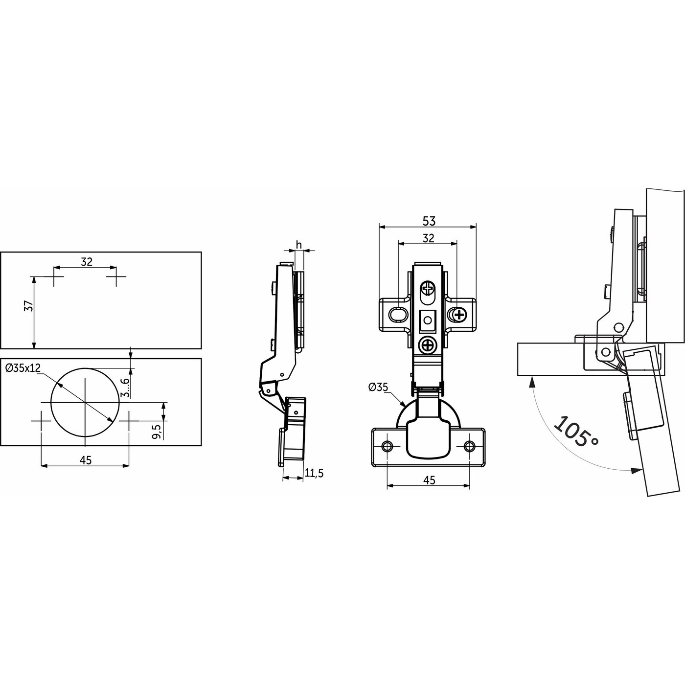 Петля полунакладная 08 без доводчика 45мм планка h0 clip-on без пружины б/еврошурупа AKS   81117