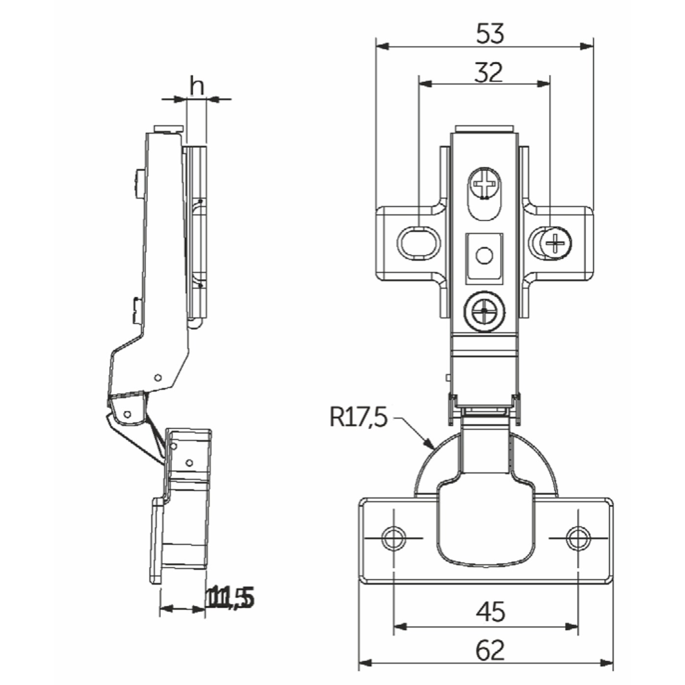 Петля полунакладная 08 с доводчиком 45мм, h0 clip-on, к-т заглушек с саморезами AKS PLUS 54112