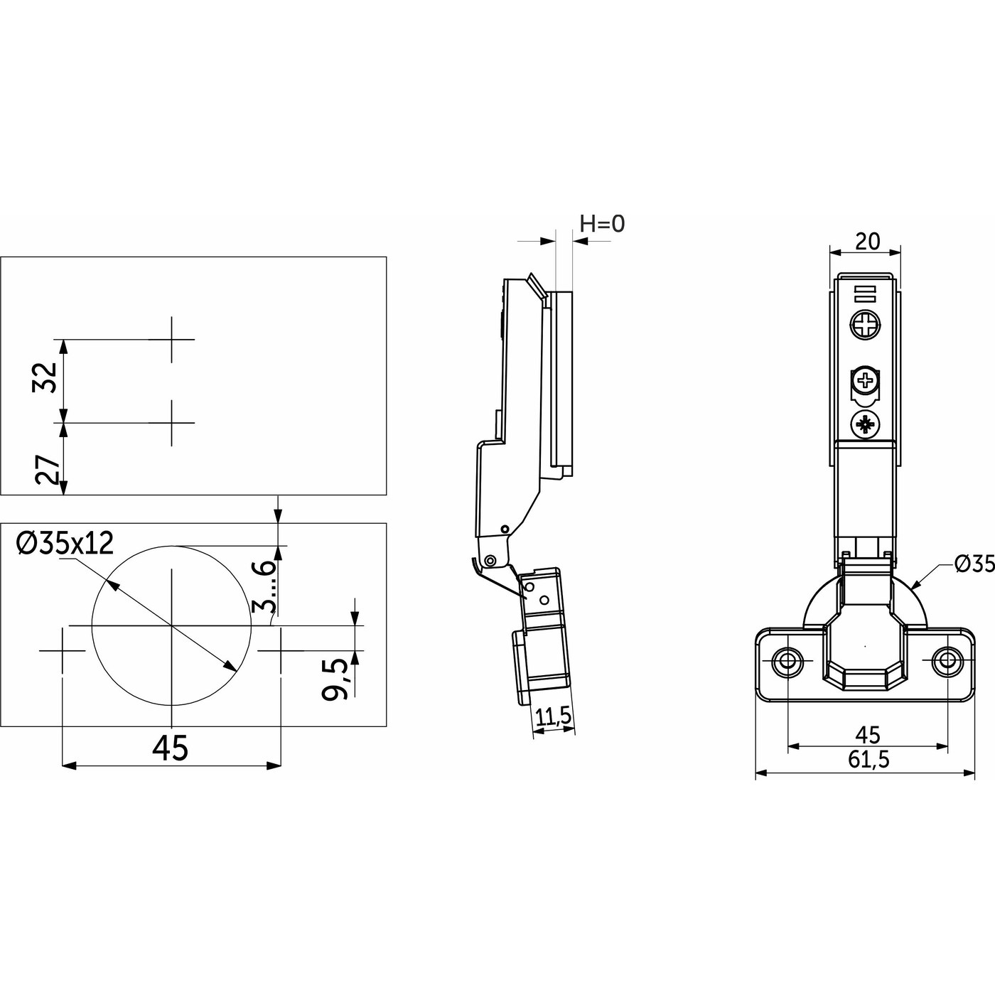 Петля полунакладная 08 с дов-ом 45мм,h0 clip-on 3D BLACK узкая планка(накладка+шурупы)AKS PLUS 80556