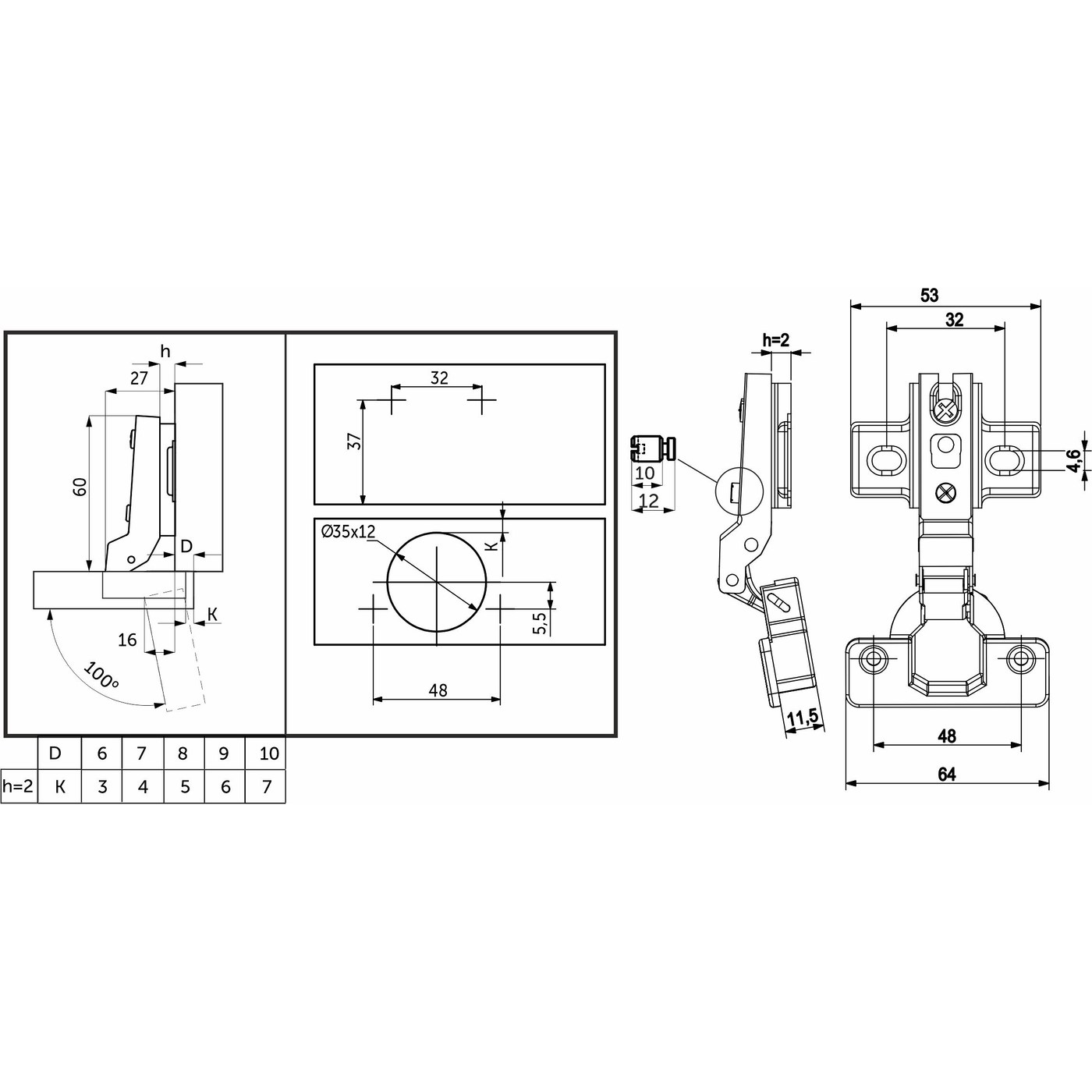 Петля полунакладная 08 с пружиной 48мм h2 slide-on (аналог 77803) AKS LIGHT 109977