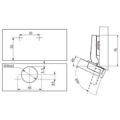 Петля угловая  -45* с креплением h2 AKS  11270