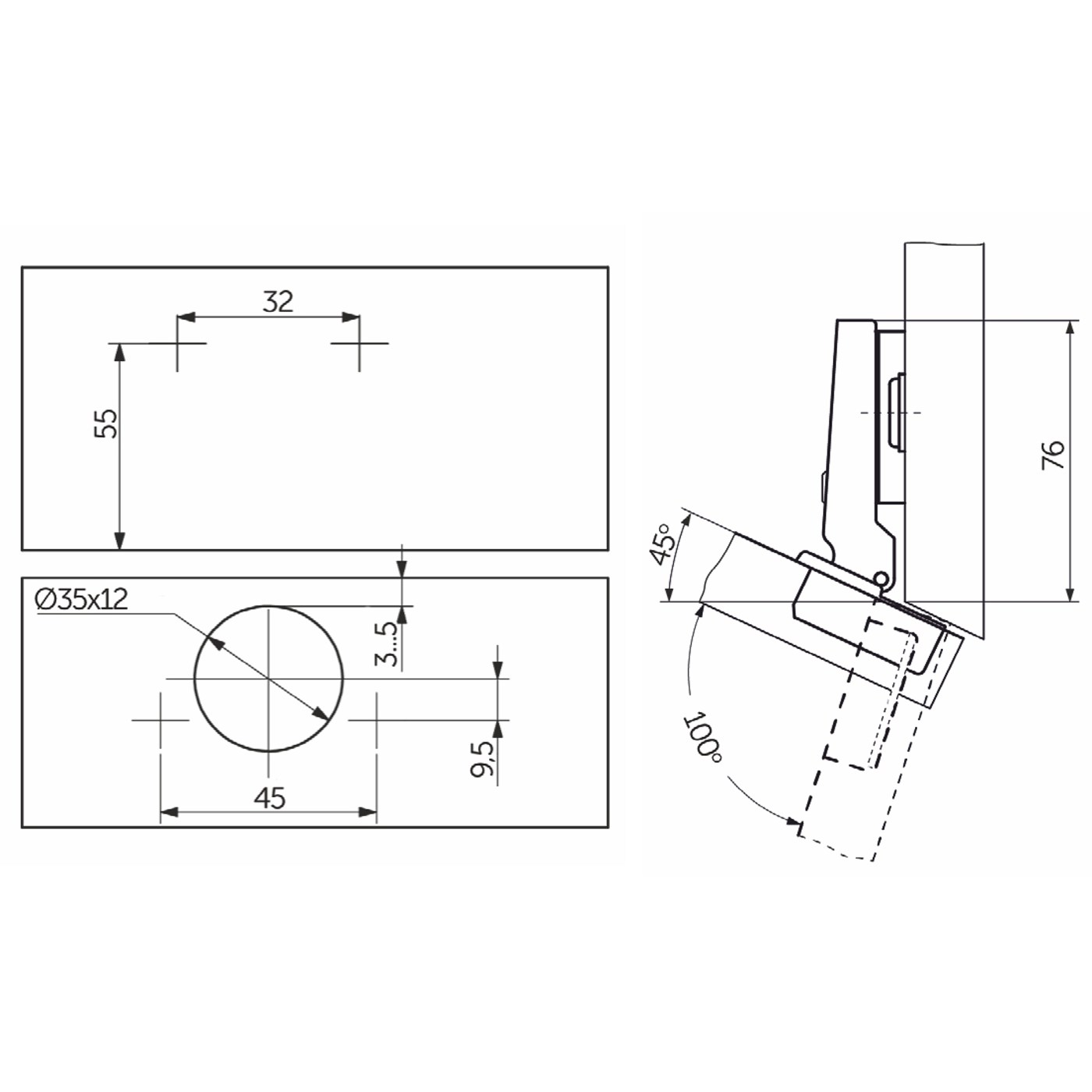 Петля угловая  -45* с креплением h2 AKS  11270