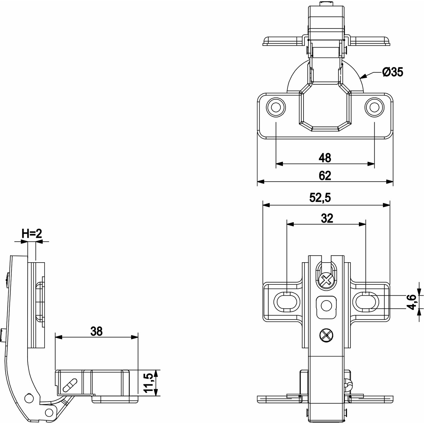 Петля 90* для фальшпанелей  h2  48mm, AKS  65657 (альтернатива 23752)