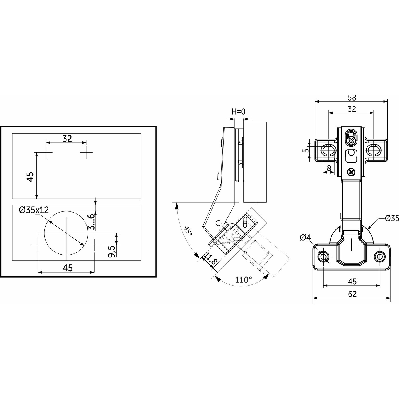 Петля угловая 45°с доводчиком +clipon, AKS  26841