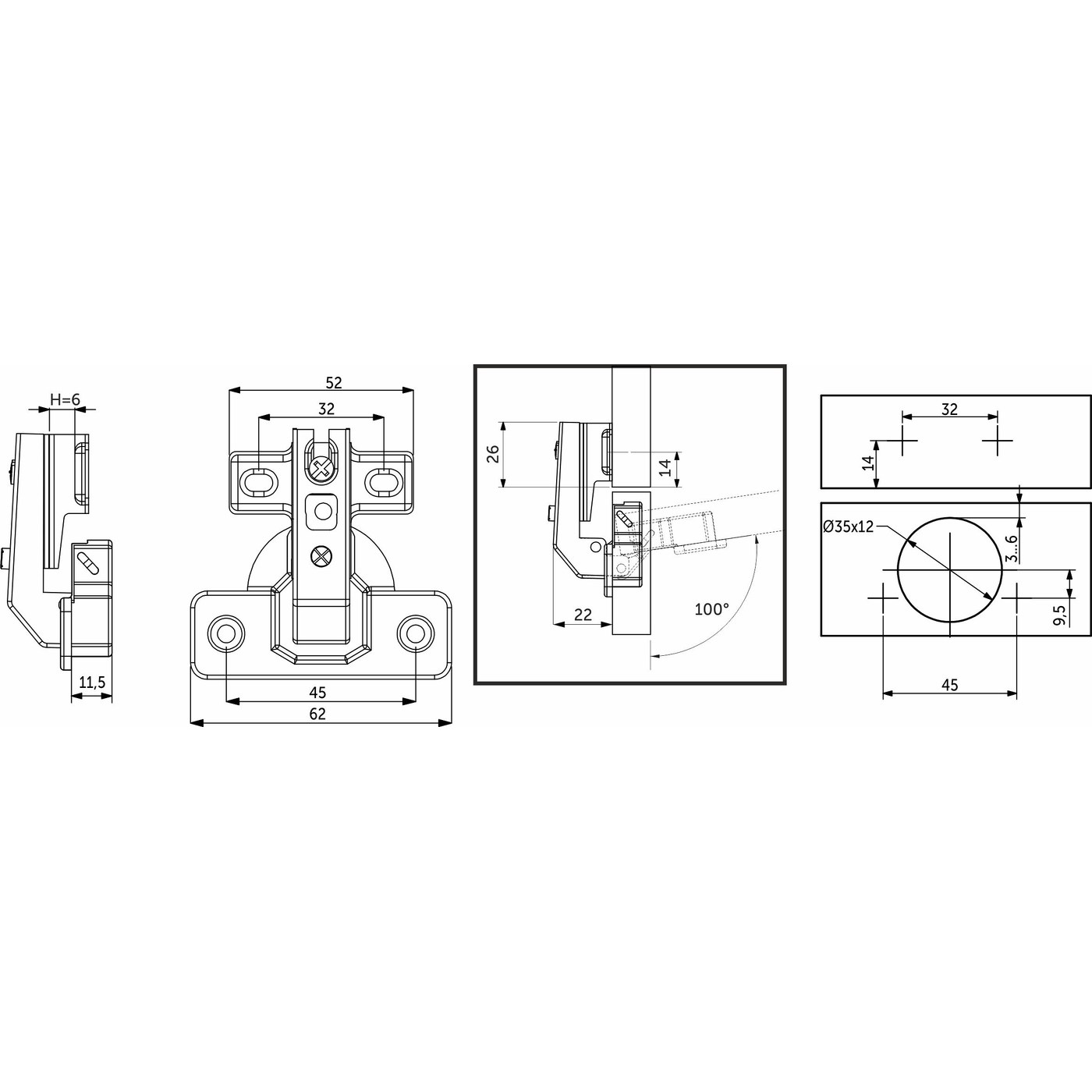 Петля 90* d35мм для фальшпанели с коротким плечом  h6, AKS  11260