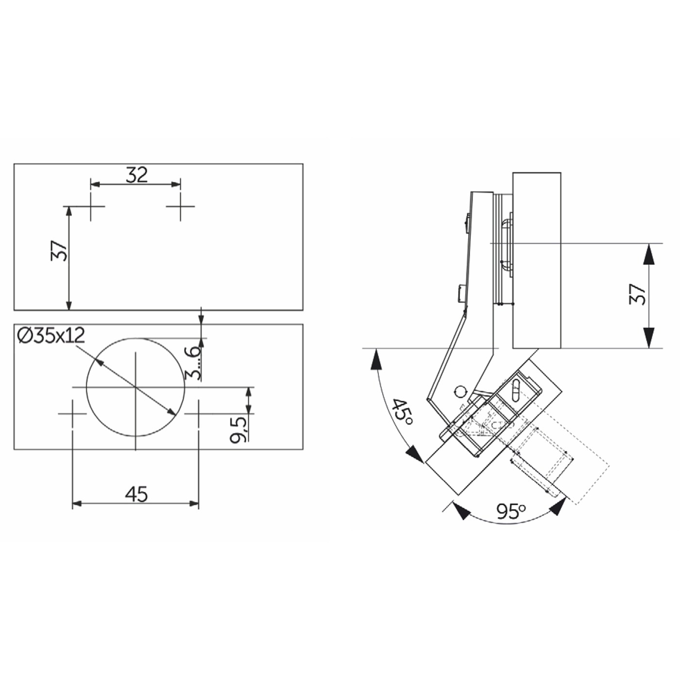 Петля угловая 45° с пружиной 45мм h2 slide-on AKS 11256 (альтернатива 81465) (нов.арт.123340)