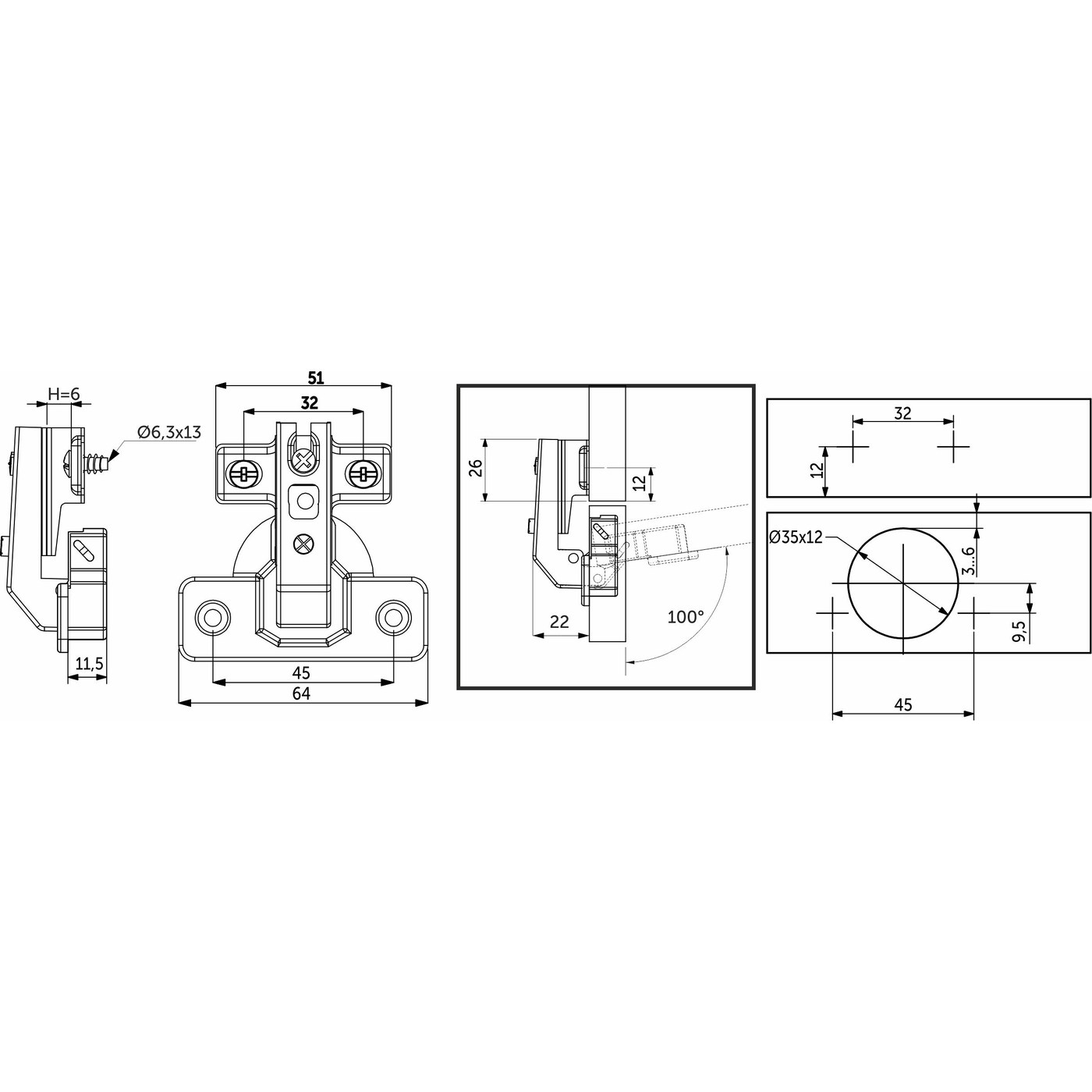 Петля 90* d35мм для фальшпанели с коротким плечом с доводчиком  h6, AKS  66570