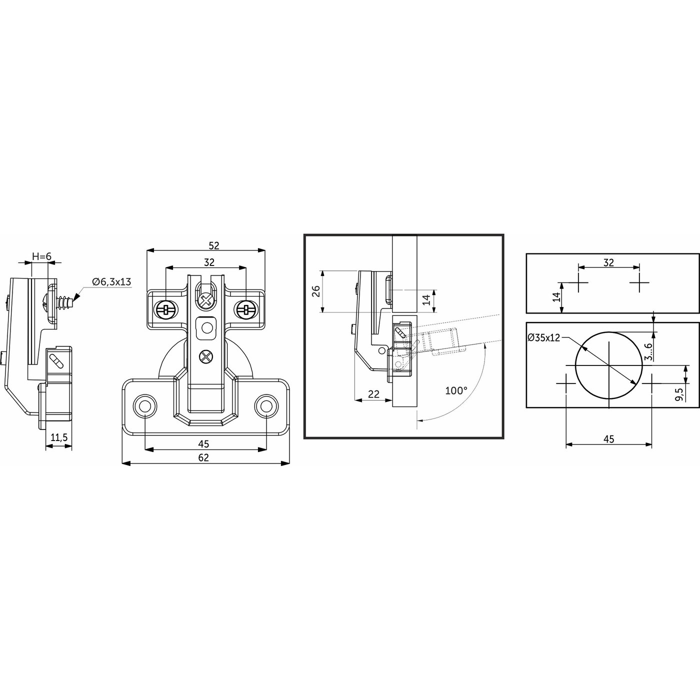 Петля 90*d35 мм с корот. плечом с креплением h6 (с шурупом) AKS 11259