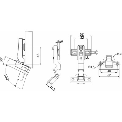 Петля угловая  -30* без доводчика, планка 48мм h4, б/еврошурупа AKS 84168