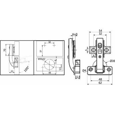 Петля угловая 90° с доводчиком 48мм планка h0 clip-on б/еврошурупа AKS 65659