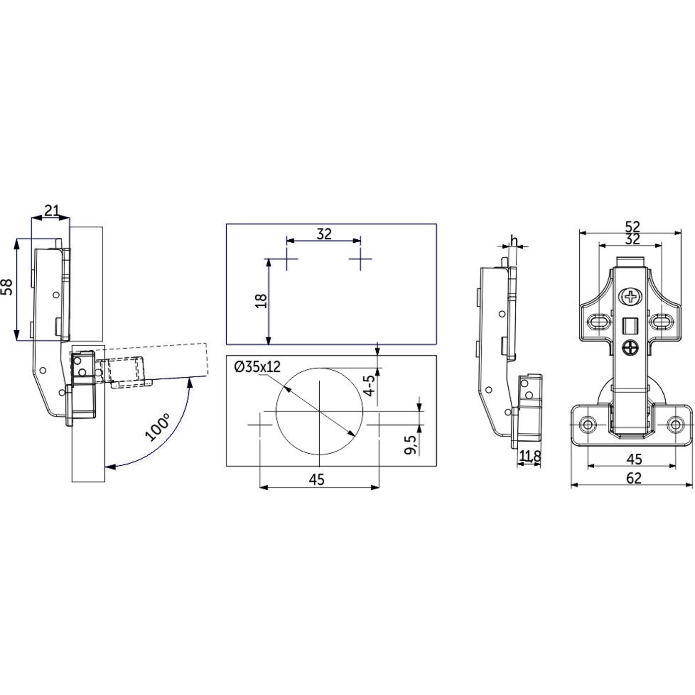 Петля угловая 90* с доводчиком 45мм h0 clip-on комплект заглушек с саморезами AKS PRIME 104945