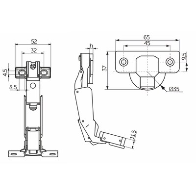 Петля 175*(165*) d45мм с креплением  h2, без еврошурупа AKS 11265
