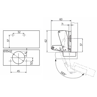 Петля 175*(165*) d45мм с креплением  h2, без еврошурупа AKS 11265