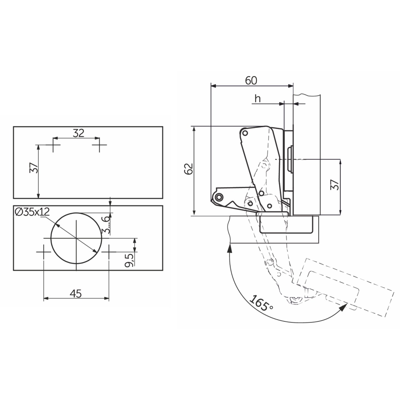 Петля 175*(165*) d45мм с креплением  h2, без еврошурупа AKS 11265