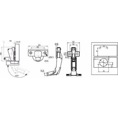 Петля 165*, 45мм, крепление H-0 clip-on (старый код 28005) AKS 105634