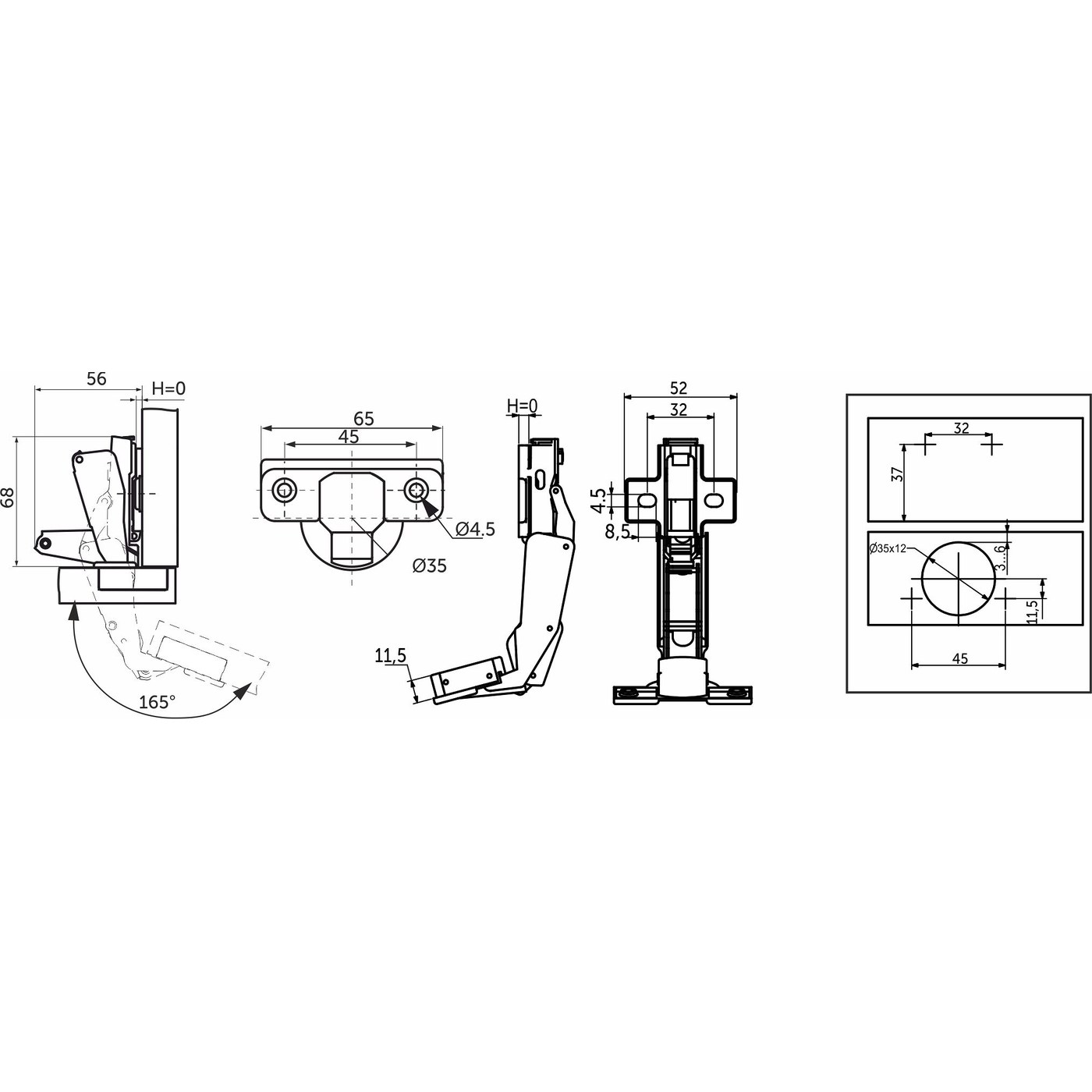 Петля 165*, 45мм, крепление H-0 clip-on (старый код 28005) AKS 105634