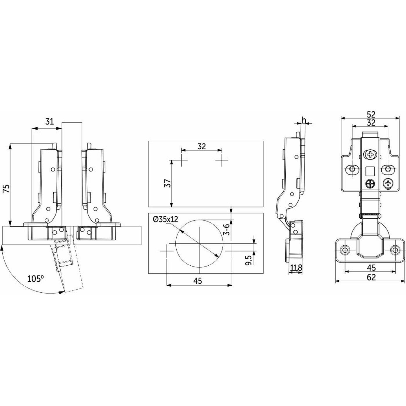 Петля полунакладная 90* с доводчиком 45мм h0 clip-on комплект заглушек с саморезами AKS PRIME 104940