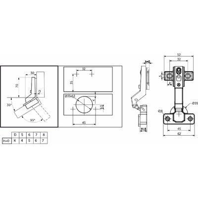 Петля угловая 30° с доводчиком h0 45мм clip-on AKS 65654 (старый код 81066)
