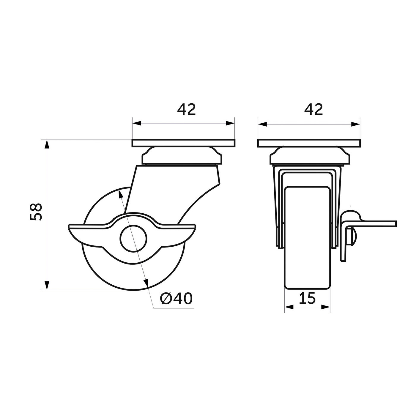 Колесо мебельное d 40 мм с резиновым ободом с тормозом AKS 72657