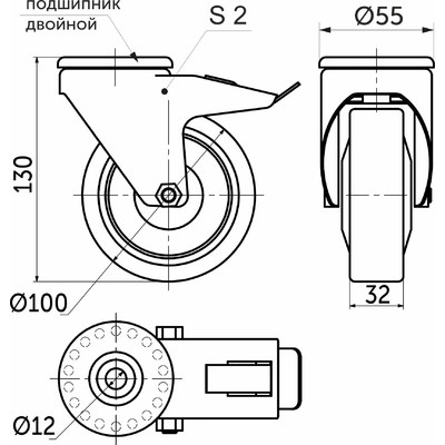 Колесо d100мм под винт М12, с тормозом  72169