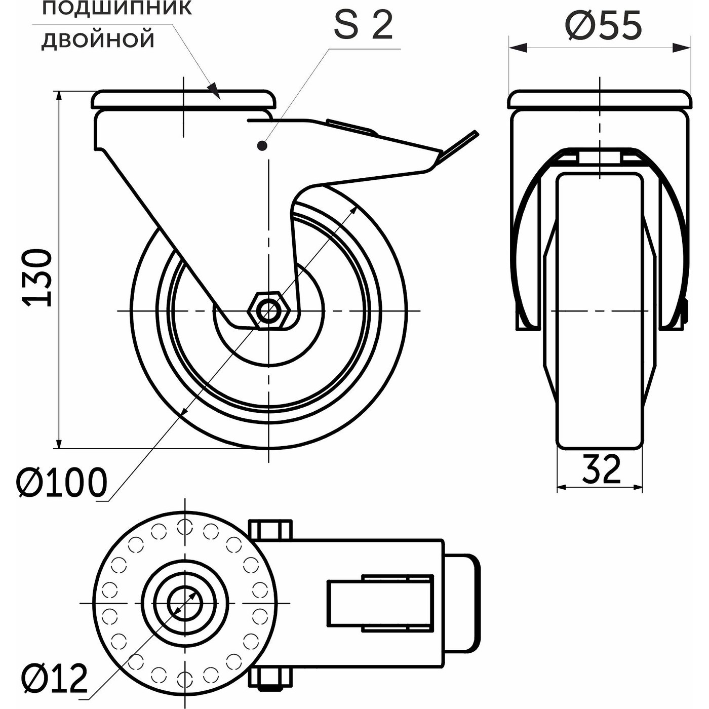 Колесо d100мм под винт М12, с тормозом  72169