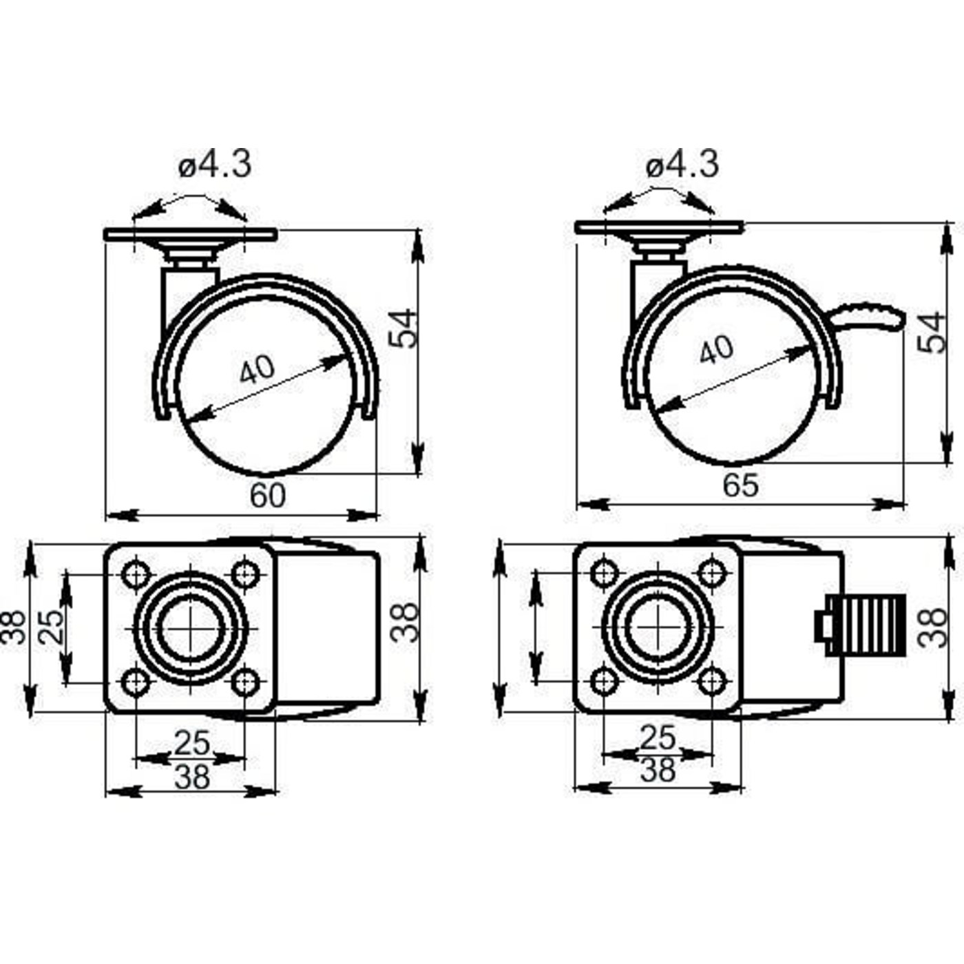 Колесо мебельное КМ-40Н (площадка) с тормозом черное AKS 11084
