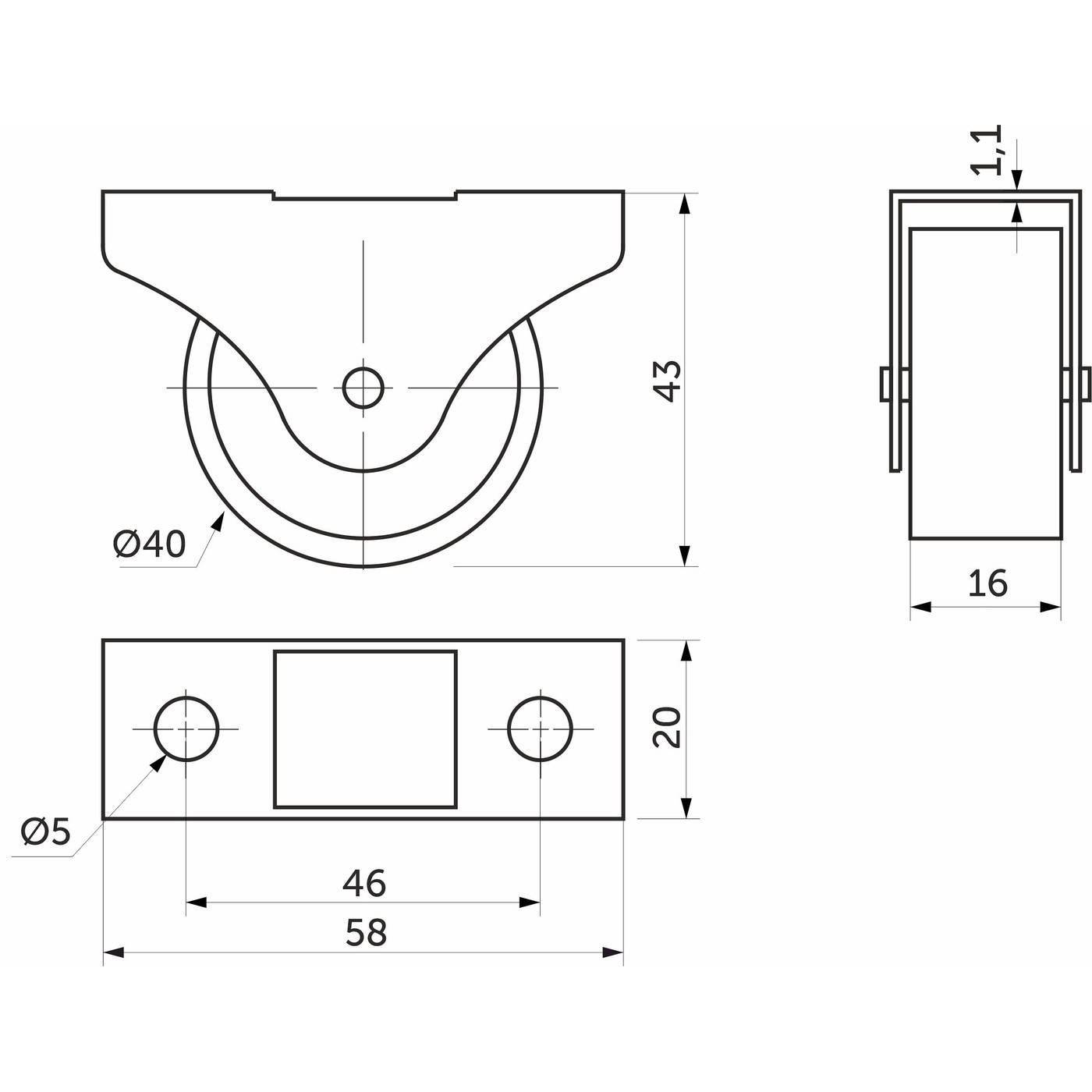 Ролик прямоходящий h43 (d-40) с резиновым ободом AKS 45925