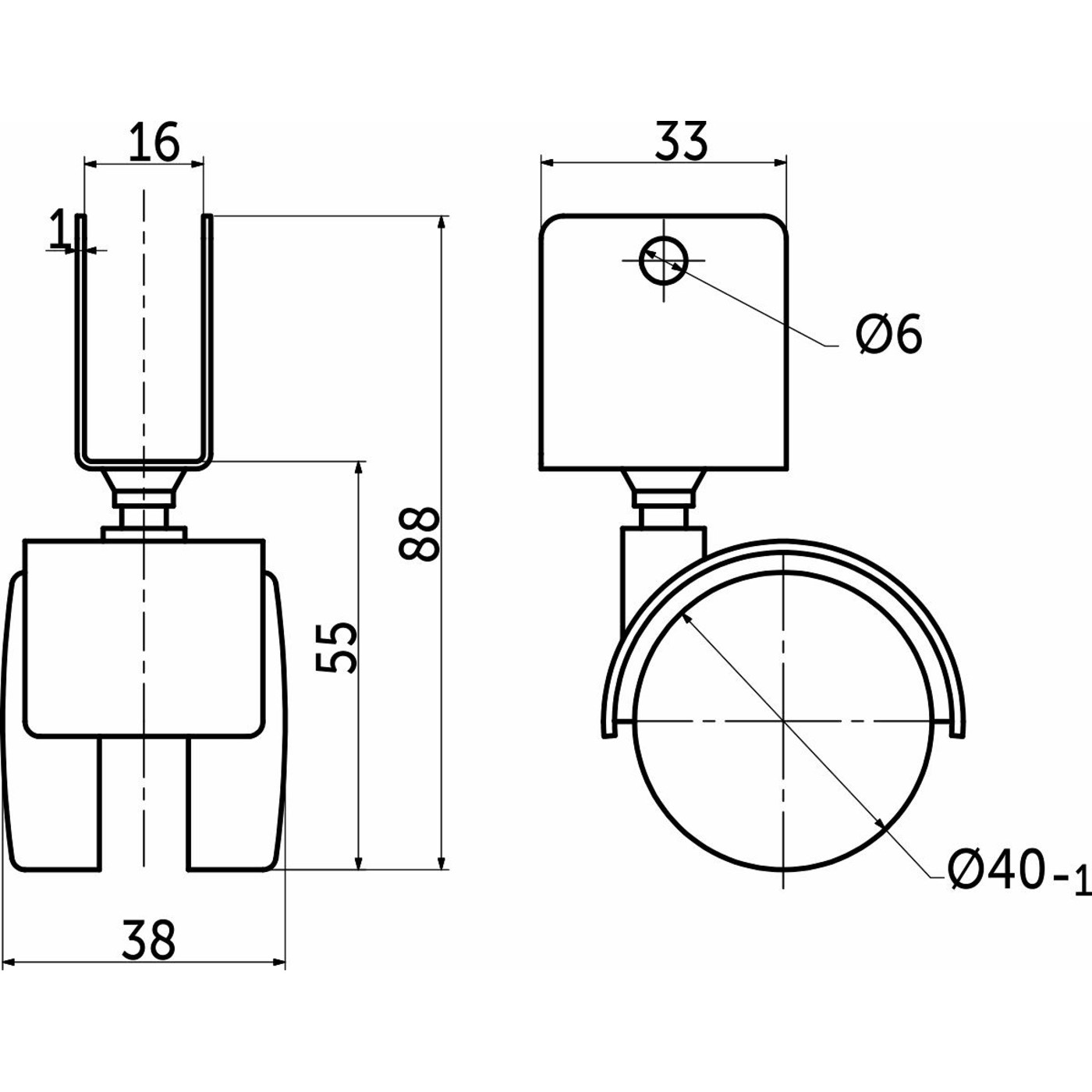 Колесо мебельное d40 U-образное, черное AKS 73091