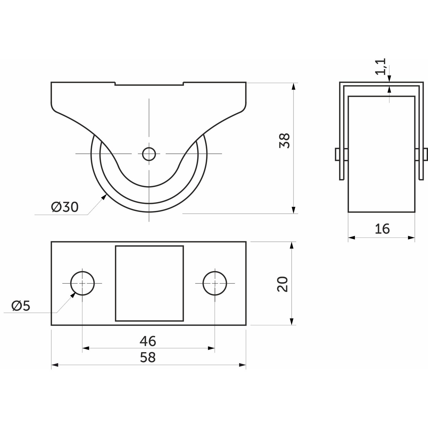 Ролик прямоходящий h38 (d30) с рез.ободом, серый AKS AKS 63971