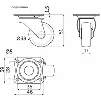 Колесо меб. d38 h51 с площадкой с рез.ободом, черный AKS 11079