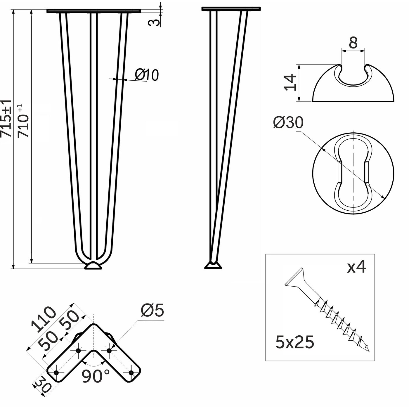 Опора мебельная FLASH h- 710, черный AKS 73289