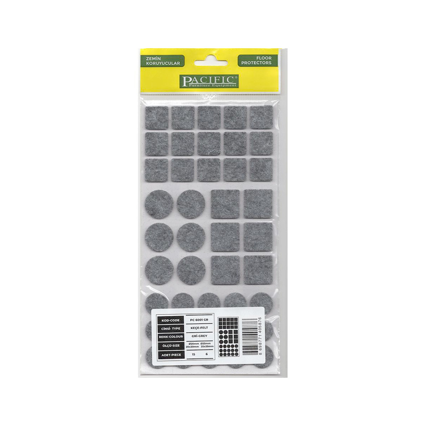 Подкладка самоприлипающая фетровая микс (d20,20*20, - 15 шт. d25,25*25 - 6 шт.) серая AKS 110844