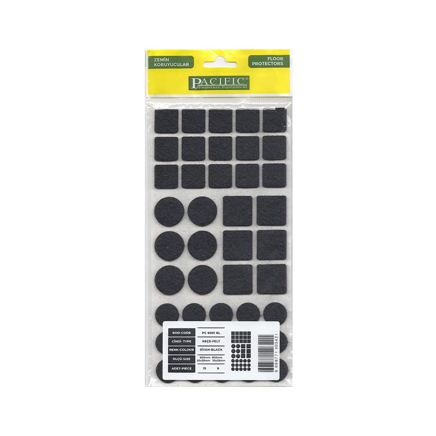 Подкладка самоприлипающая фетровая микс (d20,20*20, - 15 шт. d25,25*25 - 6 шт.) черная AKS 110845