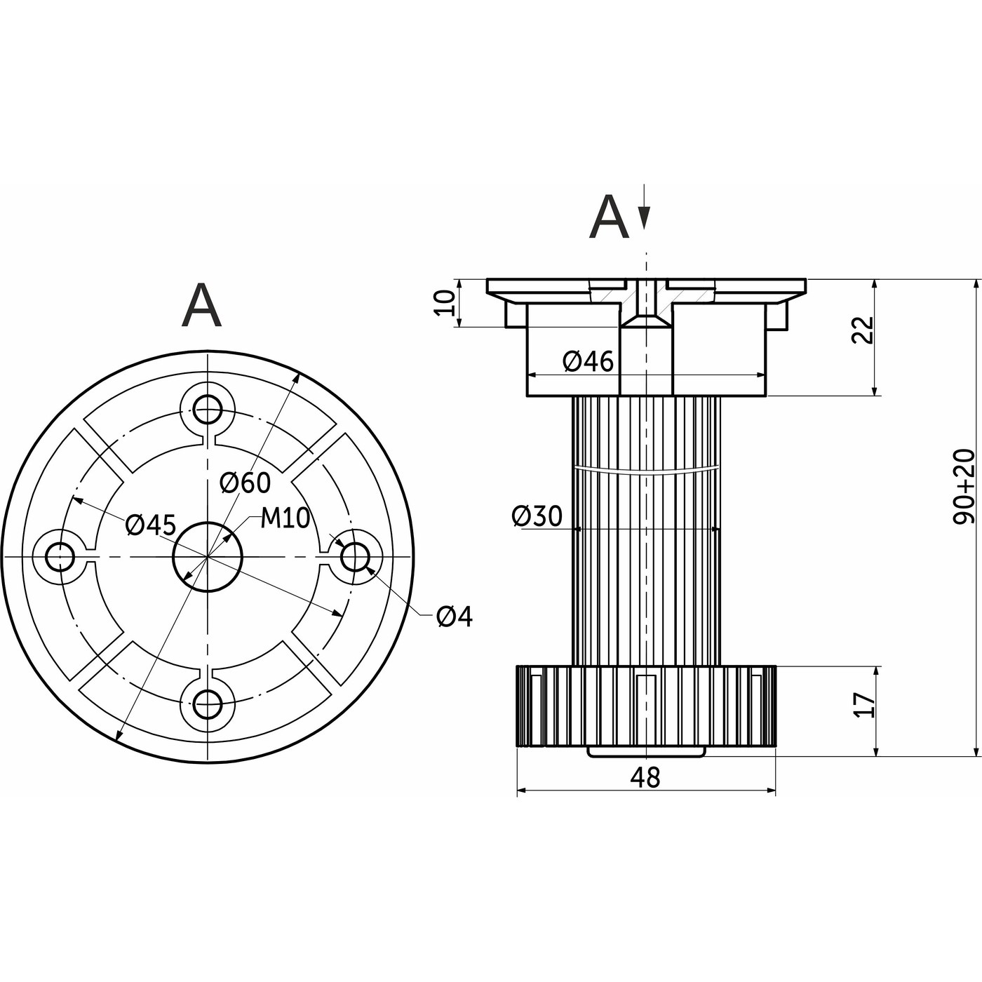 Опора кухонная пласт. h100 белая, трехсоставная (1уп250шт) AKS 69055