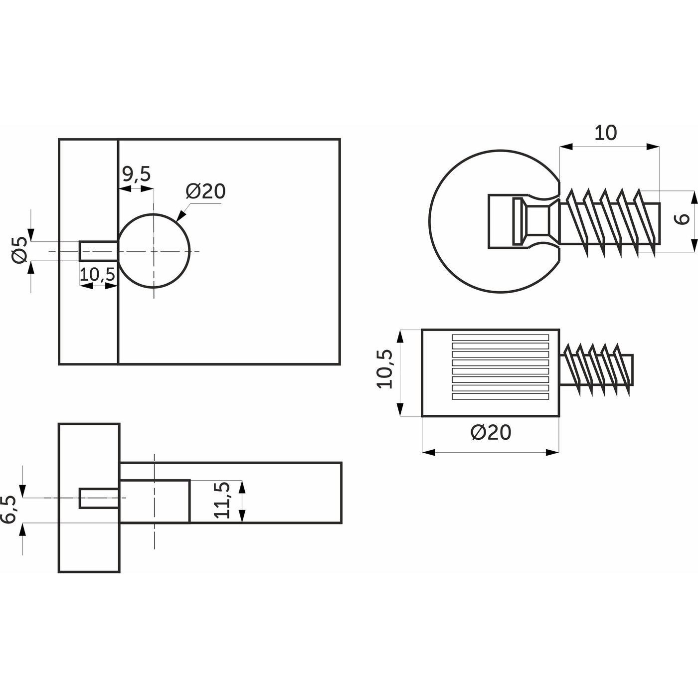 Полкодержатель d20 со штоком-евровинтом 6*10, коричневый (1уп4 шт)  AKS 105052