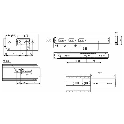 Направляющая шариковая h45 Push-to-open L-350 AKS PLUS 39197 (нов.код 114789)