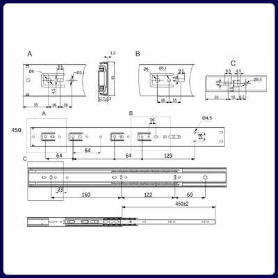 Направляющая шариковая h45 L-450 с доводч. AKS PLUS 89854 (новый код 114796)