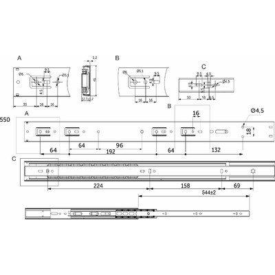 Направляющая шариковая h45 L-550 с доводчиком PRIME by AKS 114798 (старый код 89856)