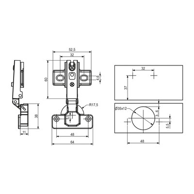 Петля накладная 09, 48мм  h2  52гр AKS LIGHT  54705 (250) (выведена)