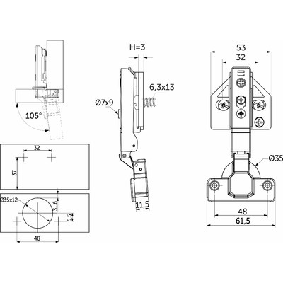 Петля накладная 48мм h3 с 3D, с доводчиком, с накладками, clipon AKS PLUS 104660 (нов.арт.113400)