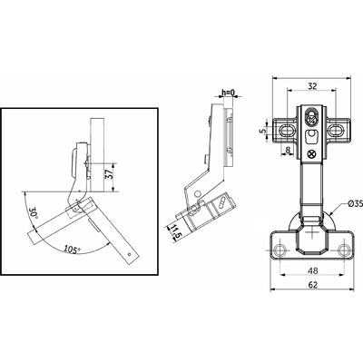 Петля угловая 30°с доводчиком  h0, 48mm AKS  81066 (новый код 65654) (снят с пр-ва)